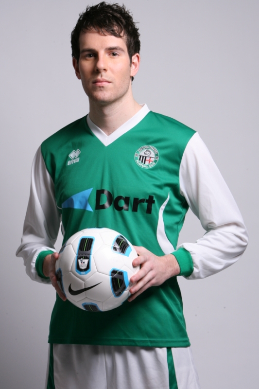 2009: Daniel van der Molen modelling the costume for the actors playing 'Croydon Terriers' players in the mockumentary 'Road to FA Cup'.