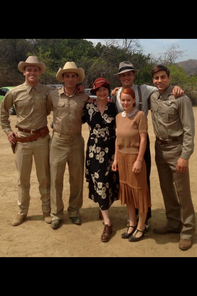 Partial cast of Bonnie and Clyde on set.