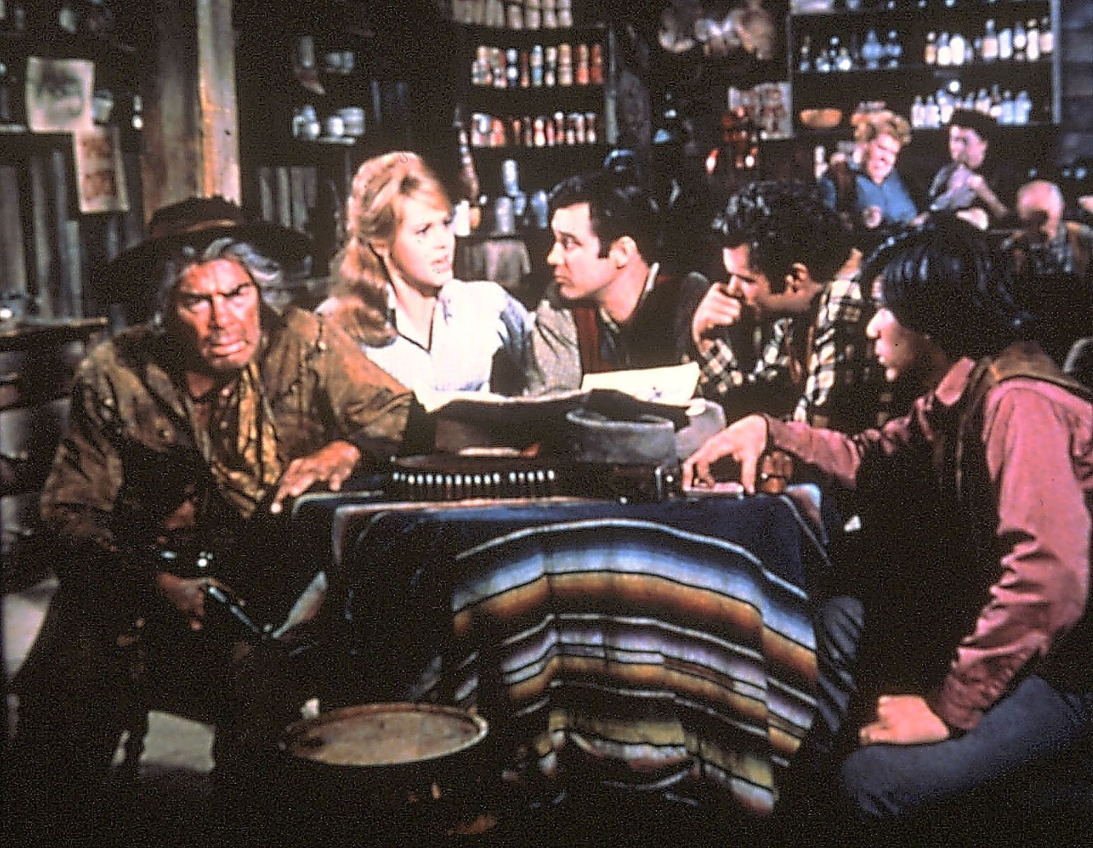 Still of Jane Fonda, Lee Marvin, Michael Callan, Dwayne Hickman and Tom Nardini in Cat Ballou (1965)