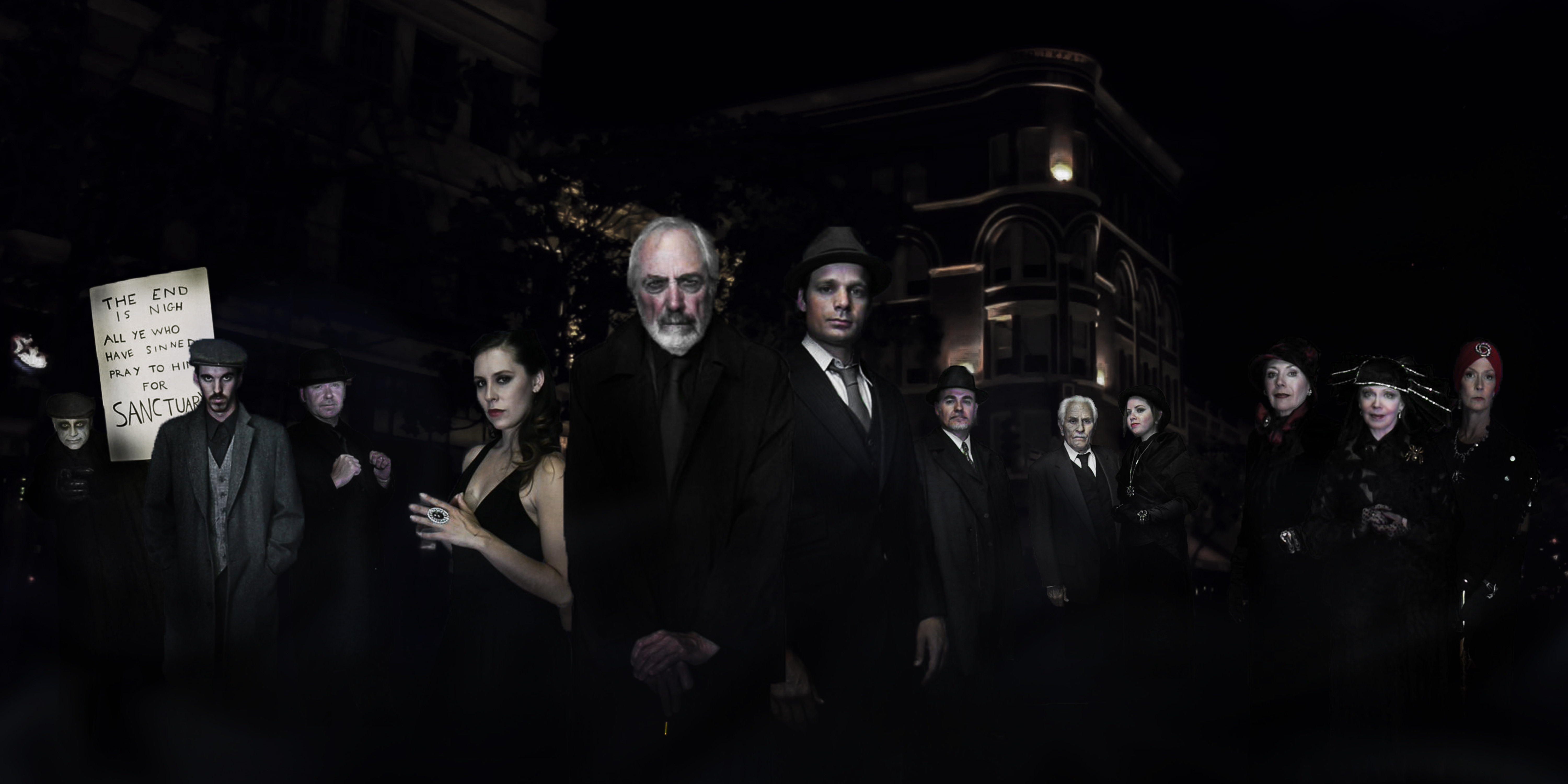 Official Cast Photo From L to R: John C Smith as the Apocalypse Man, Derek Mobraaten as Tom Smith, Julian Grant as Edward Hull, Bahia Garrigan as Christina Novello, Jerry Lacy as Dr. Mabuse, Nathan Wilson as Inspector Carl Lohemann, David Graham as City General Oscar Lang, Linden Chiles as Inspector Norbert Von Wenk, Vivian Brasch as Lady Levana, Kathryn Leigh Scott as Madame Von Harbau, Lara Parker as Madame Carrozza, and Annie Waterman as Madame Hecate
