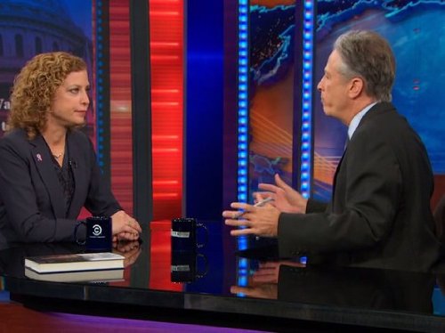 Still of Jon Stewart and Debbie Wasserman Schultz in The Daily Show (1996)