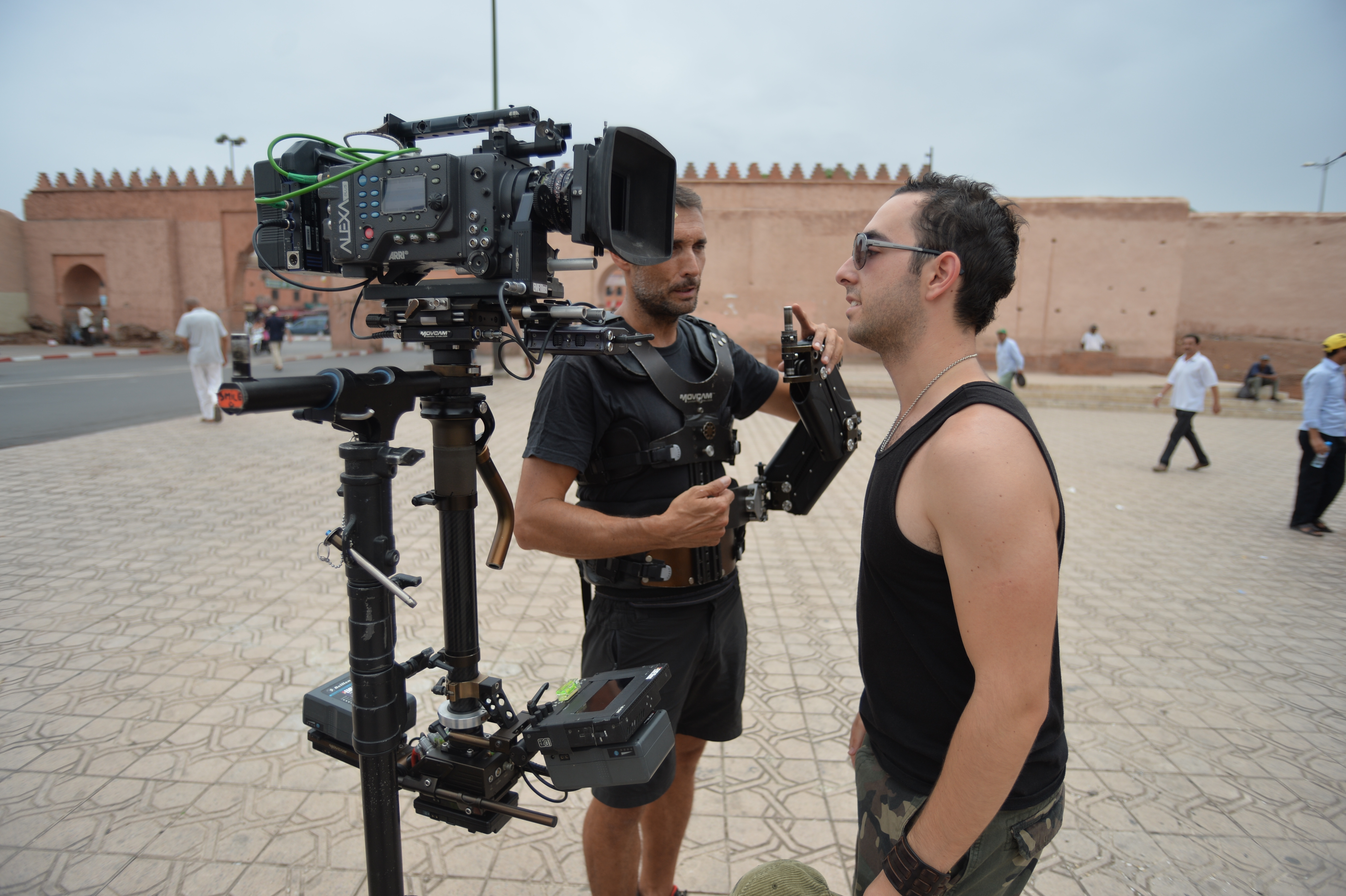 Director Aziz Tazi and Steadicam Operator Fernando Moléon discussing shots in Marrakesh, Morocco