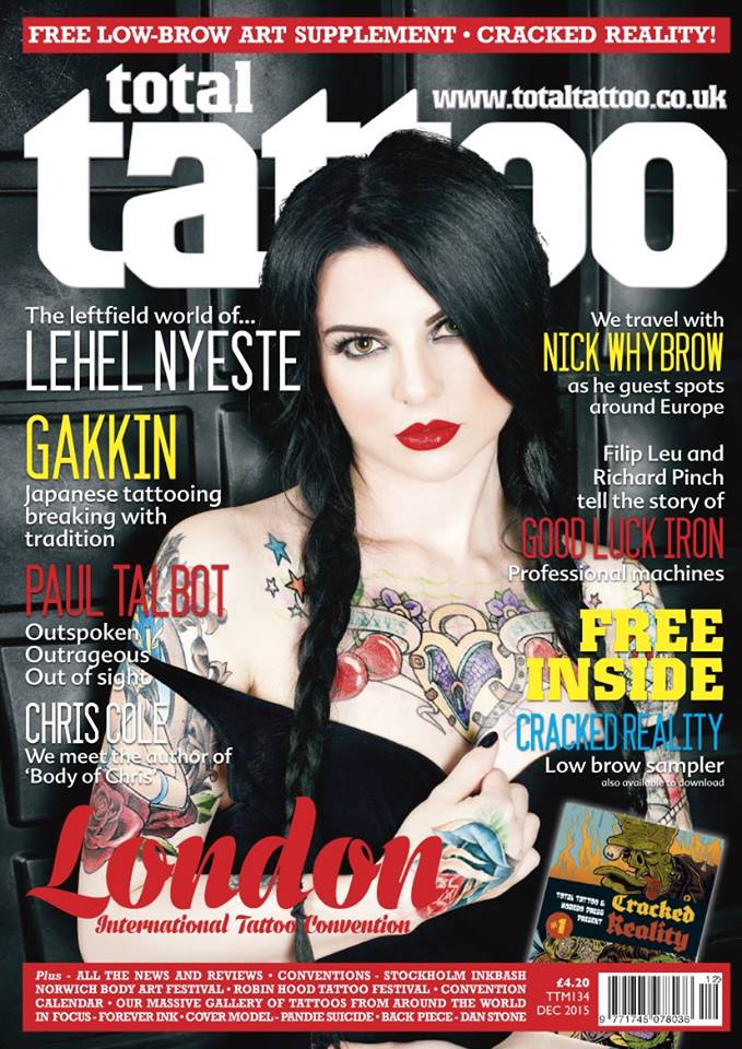 Pandie Suicide on the cover of Total Tattoo Magazine December 2015 issue, photo by Jenna Kraczek Photography