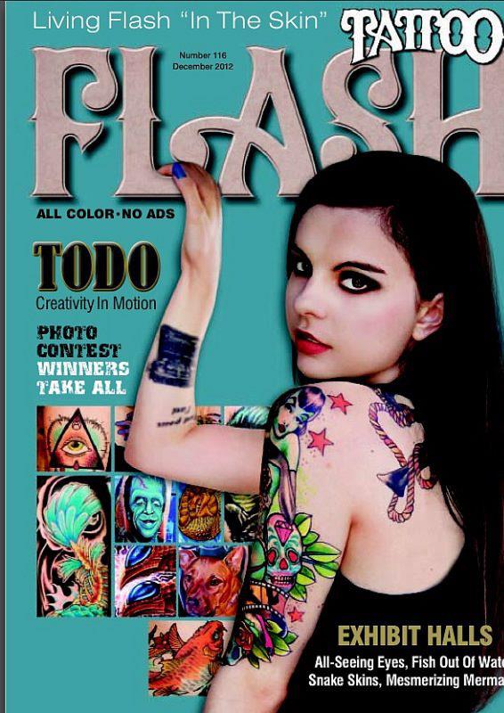 Pandie Suicide on the cover of Tattoo Flash magazine, issue 116 December 2012