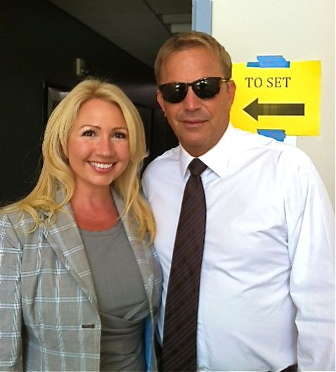 Stephanie Garvin and Kevin Costner, set of Draft Day