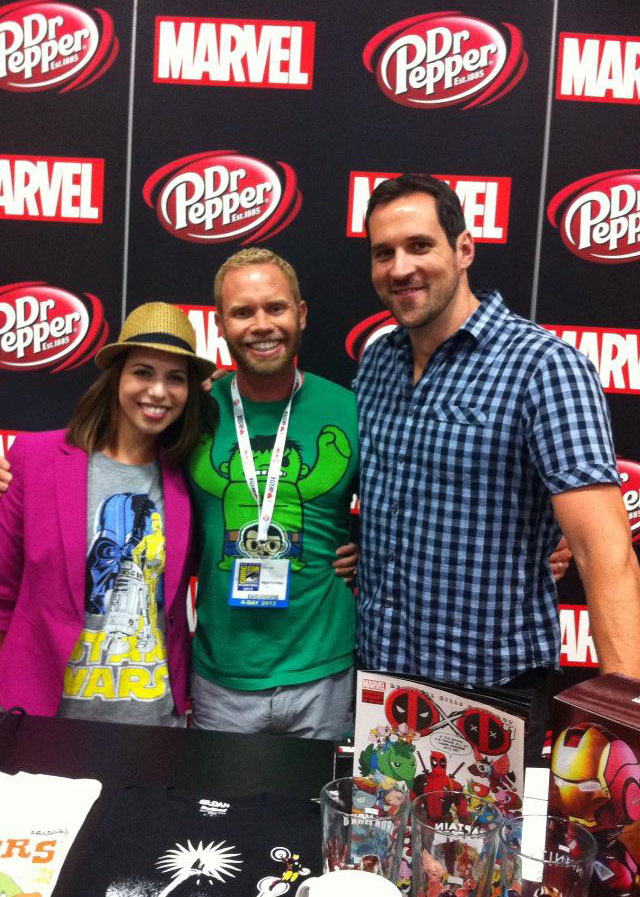 Marvel's Avengers Assemble press at San Diego Comic-Con 20213. l to r: Laura Bailey Willingham (Black Widow), Cort Lane (VP, Development - Marvel), and Travis Willingham (Thor).