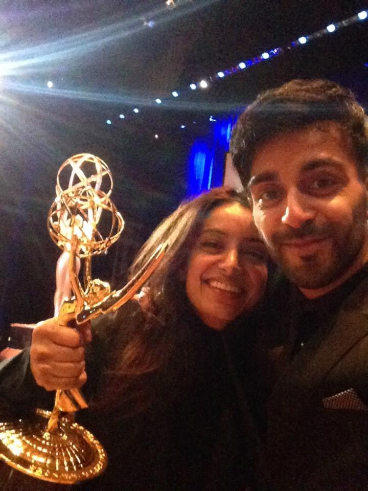 Deeyah Khan pictured with her brother Adil Khan on the night she won her Emmy award