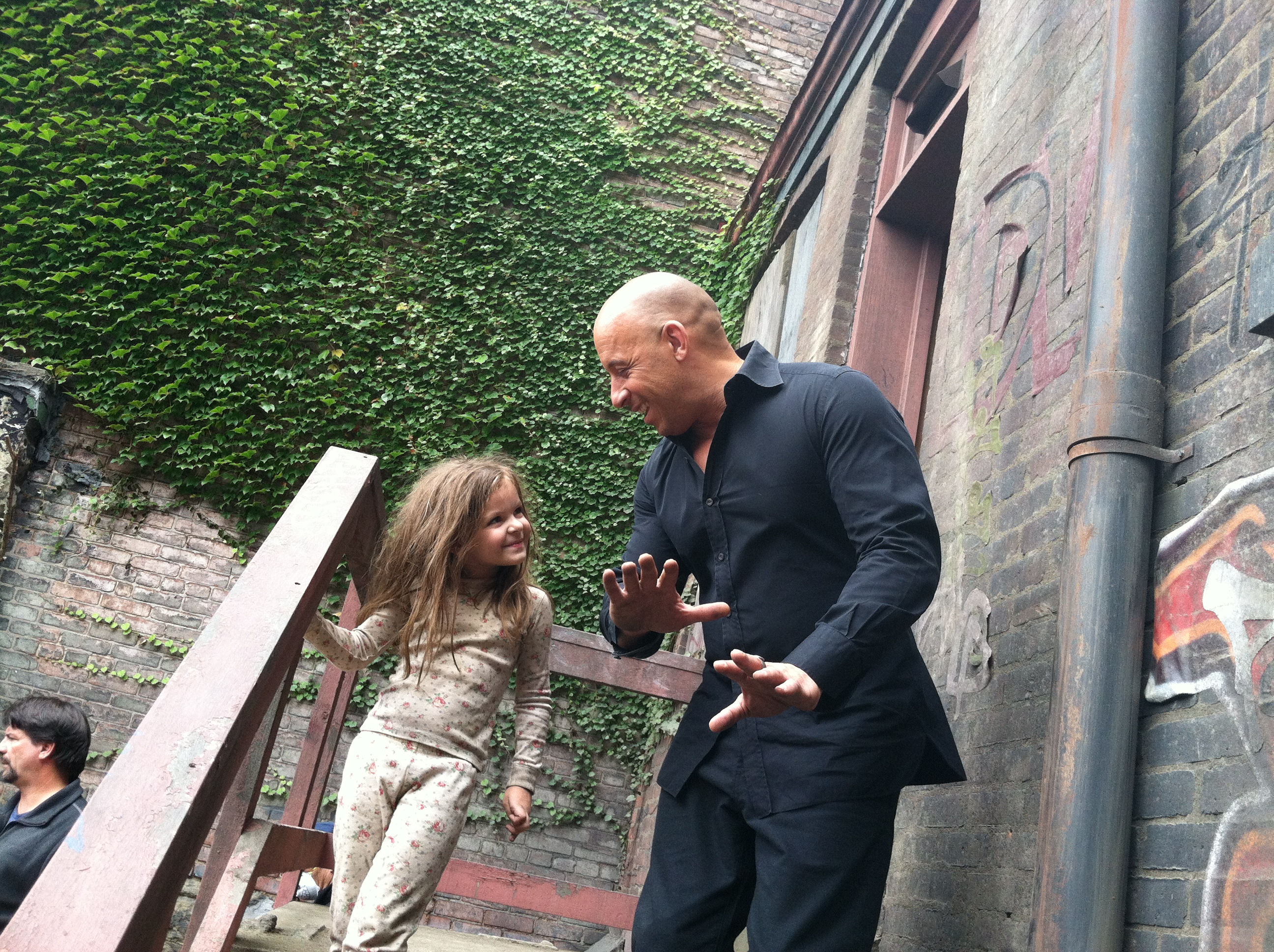 Samara Lee and Vin Diesel chatting during a break from filming The Last Witch Hunter