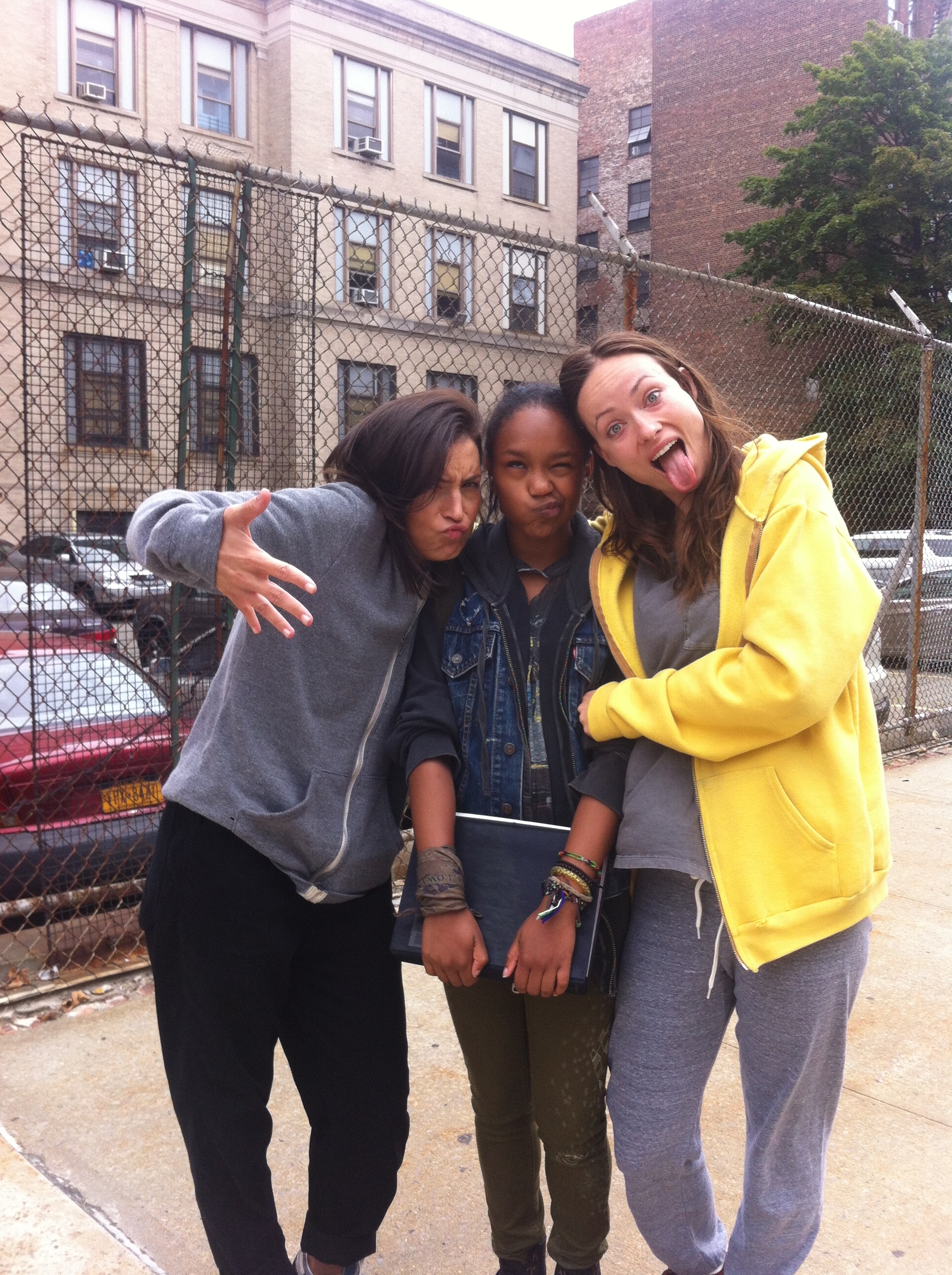Reed Morano, Eden and Olivia Wilde the last day of her filming Meadowland. Please note the school books in her hands.