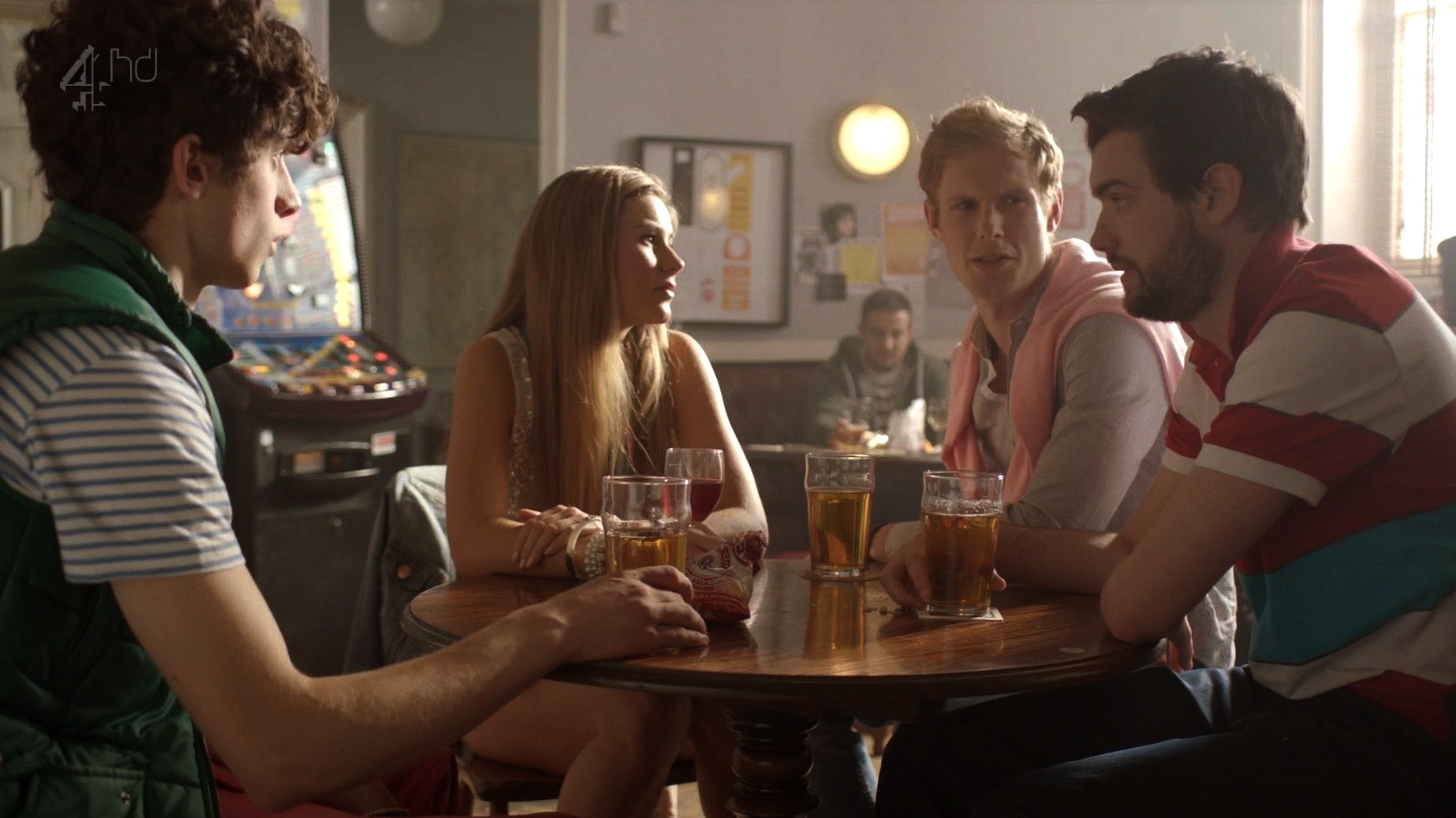 Still of Clare Fettarappa in Fresh Meat with Jack Withehall, Jack Fox and James Musgrave.