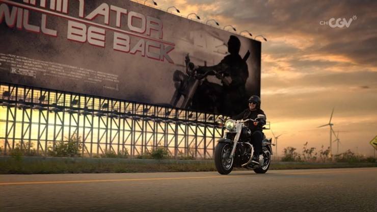 Dean Dawson rides a Harley Davidson for CGV Channel's station identification commercial.