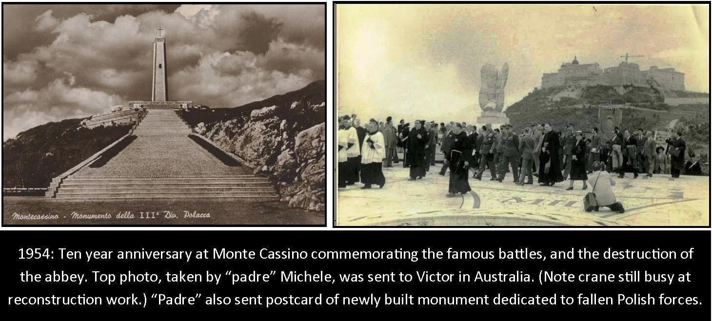 Postcards commemorating the infamous battles of Monte Cassino where Polish troops were finally able to release their anger upon the Nazi German Wehrmacht. Padre Michele sent copies of these to Victor in Australia to be forwarded to Andre and Franki.