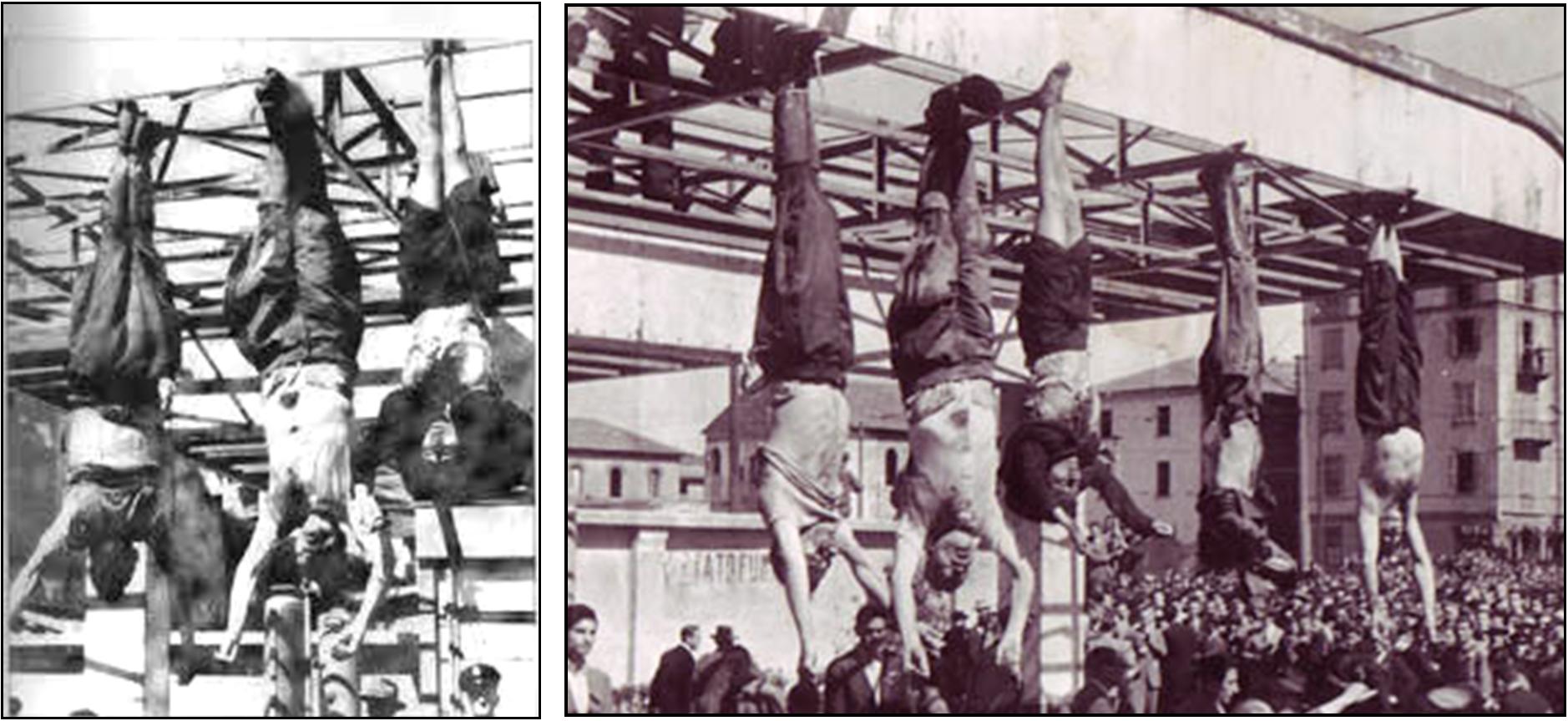 THE FALL OF FASCISM. A demonic display of Italy's anger towards Mussolini's treason 1943-44. IL DUCE, his girlfriend, and 15 others were hung upside down in Milan 29 April 1945. Victor and Andre were witnesses (see 