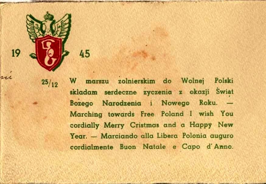 1945 Season's Greetings from the Polish 2nd Corps sent to Victor by our screenplay hero ANDRE FRODEL, known as a world famous stamp forger, ANDRE was really an honest lithographic artist, and now a valiant war-time officer of the Polish 2nd Corps.