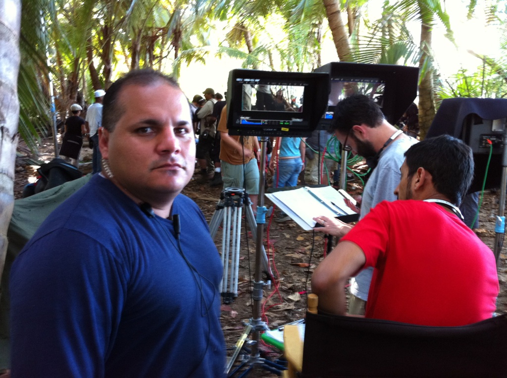 ON SET, WELCOME TO THE JUNGLE (DIRECTOR, ROB MELTZER ) in front of monitors.