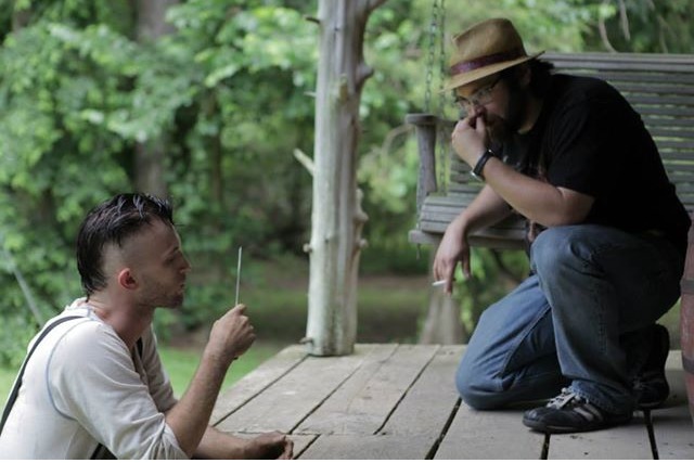 Discussing character with Joshua Mark Robinson on the set of THE DOOMS CHAPEL HORROR.