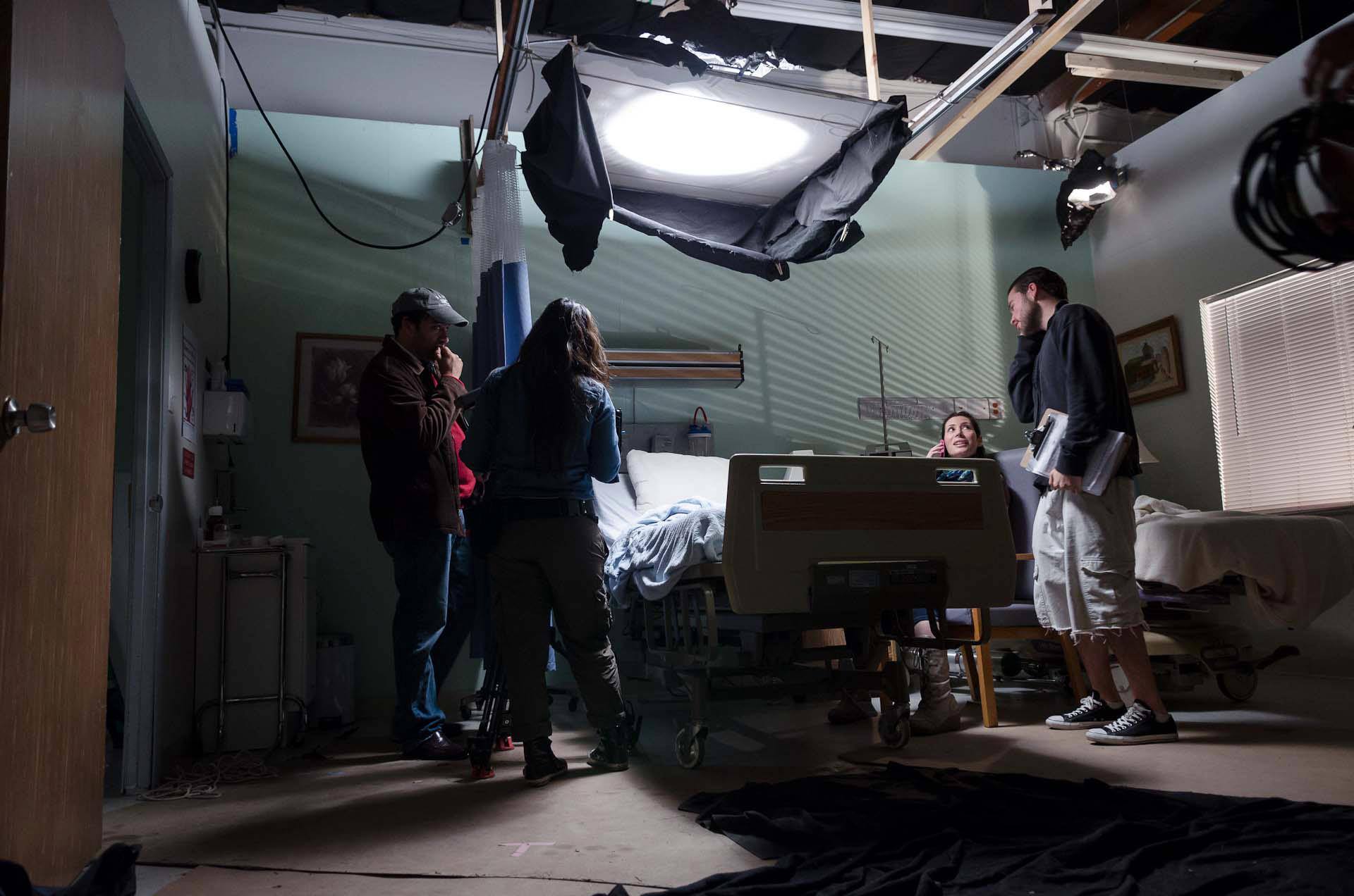 Director Gordon Milcham, 1st AC Jenny Hou, actress Isabella Cascarano, and 1st AD Sam McQueen on the set of The Lookout.