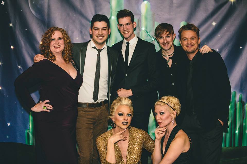 Andrew Nielson with Sirius XM Bway's Julie James, Brett Pruneau, Star Search winner Jake Simpson, Courtney Act (RuPaul's Drag Race), and Jenn Malenke (Bway's Into the Woods)