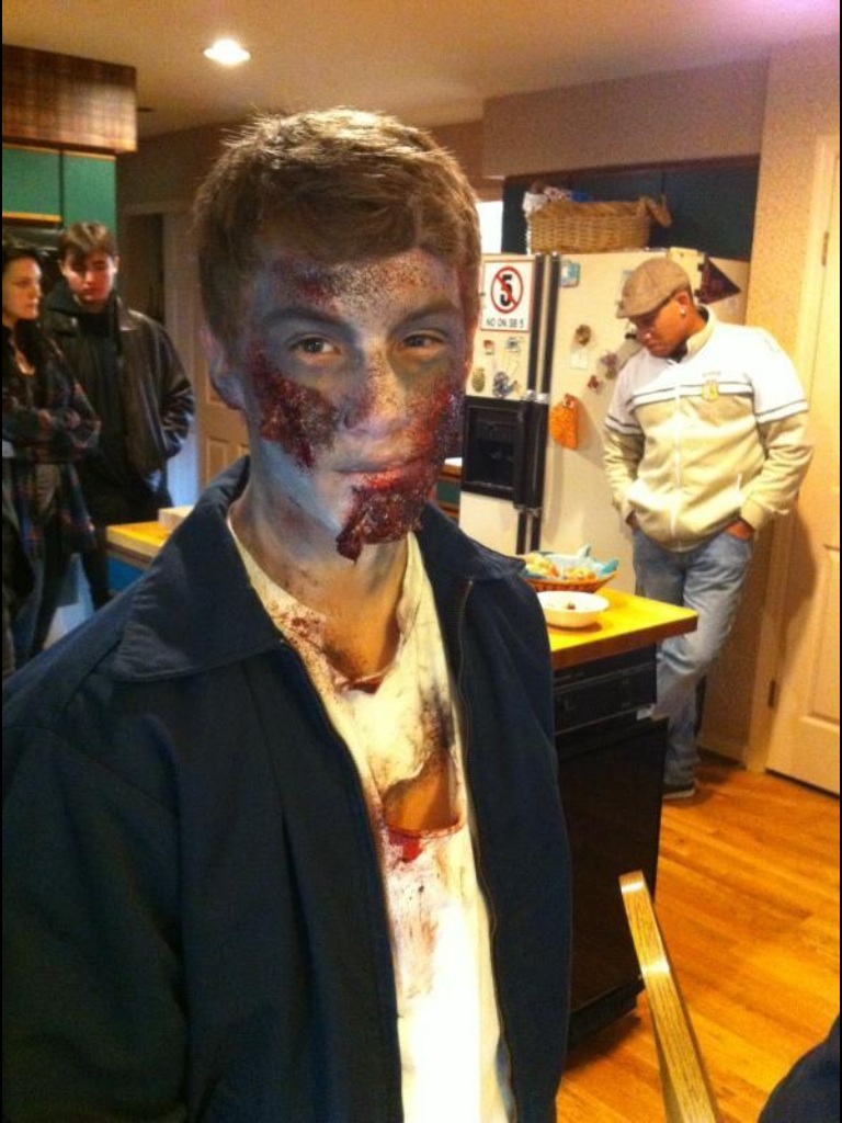In zombie makeup on the set filming 