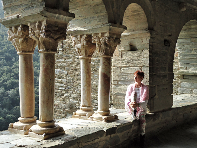 Posing at Serrabone Abbey, Pyrenees Mountains, southern France.
