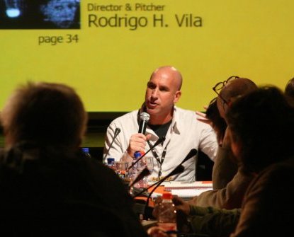 Pitching his film in Barcelona.
