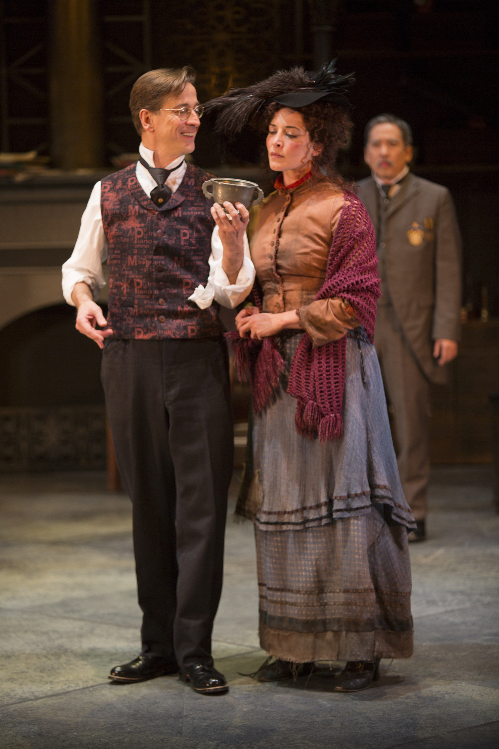 Pygmalion at The Pasadena Playhouse Henry Higgins (Bruce Turk), Eliza Doolittle (Paige Lindsey White), & Col. Pickering (Stan Egi)