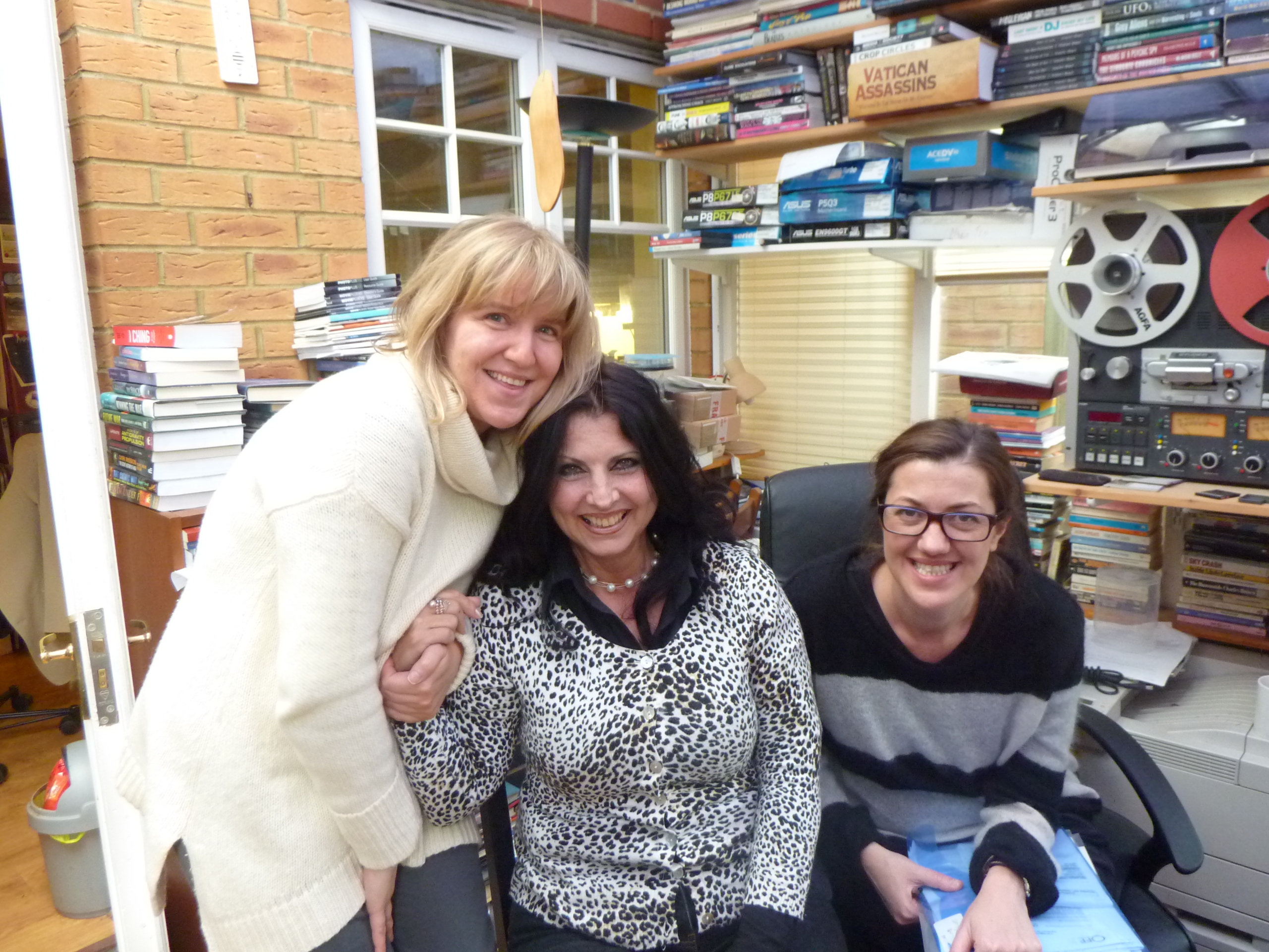 The UK Channel 4 network became interested in the AMMACH witnesses, and commissioned Off The Fence to make a documentary on the project in Dec 2012. Celine, Joanne and Jayne pose in Miles Johnston edit suite in west London