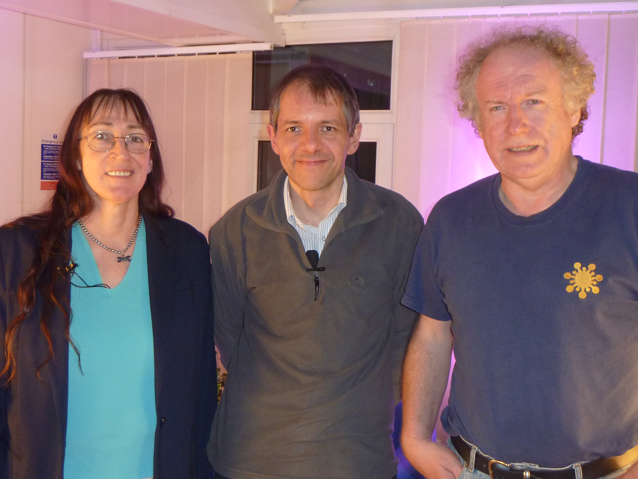Dr Judy Wood, Andrew Johnson with AMMACH videographer Miles Johnston, of MJMedia. After the Ammach On The Road interview with the two 9-11 investigators and authors, at Northampton University in Nov 2012