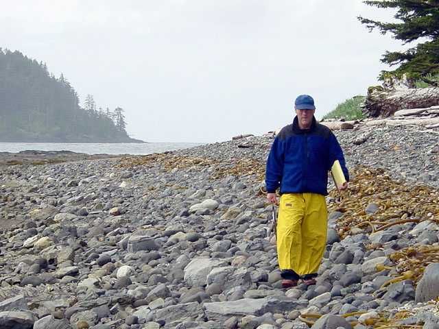 Randall walking the NW tip of Queen Charlotte Island, British Columbia, Canada.