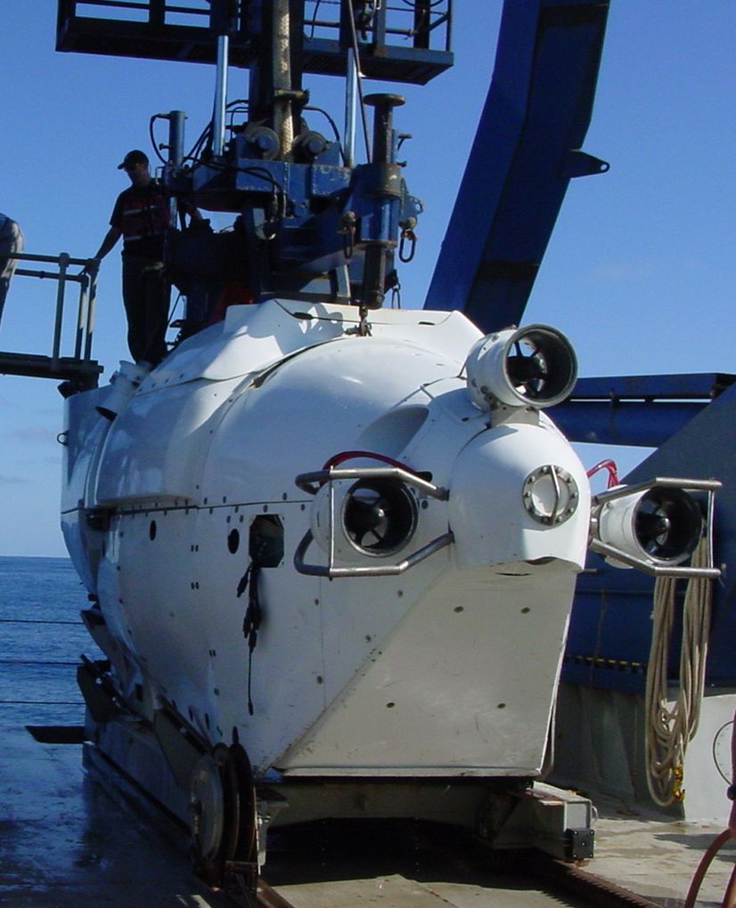Dr Perry leaving deep submersible Alvin after 9 hour dive to 12,000 feet Pacific Ocean