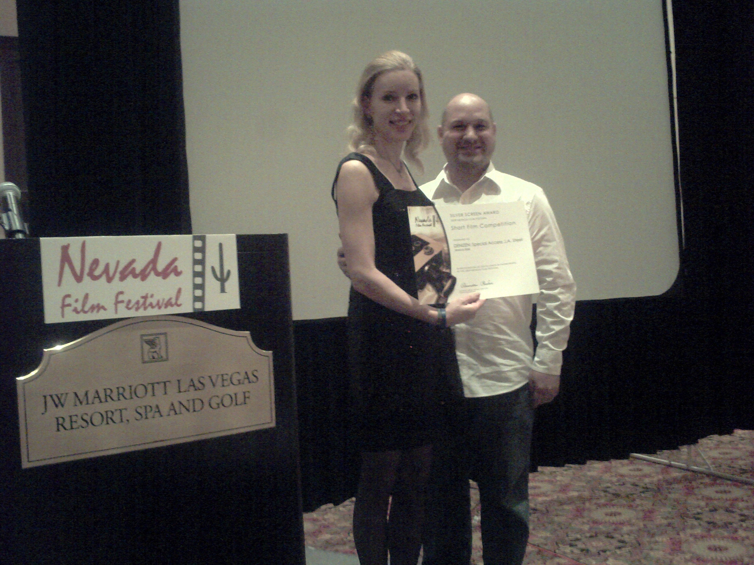 Jessica Bair with her Silver Screen Award at the Nevada Film Festival.