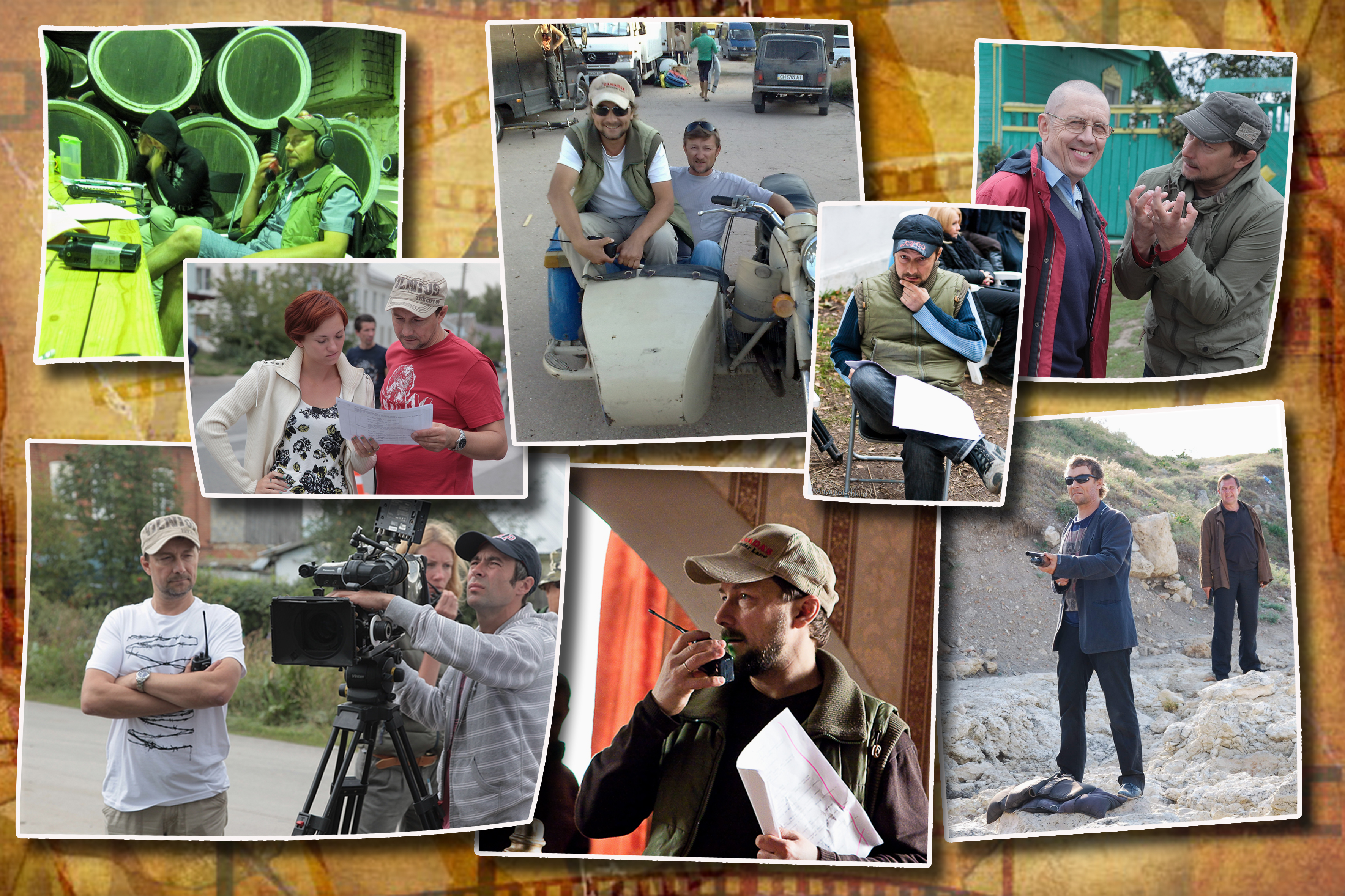 Photo collage of pictures from film set of 