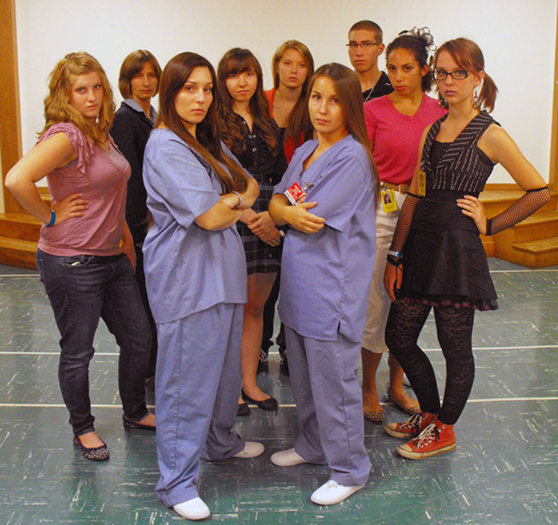 Addiction Cast: L-R - Stephanie Klassen, Corina Leatherdale, Brianna Popowczak, Sara Douglas, Rya Walford, Jacqueline Peter, Bryce Jones, Chesney Sickles-Jarvis, and Bethany Mink