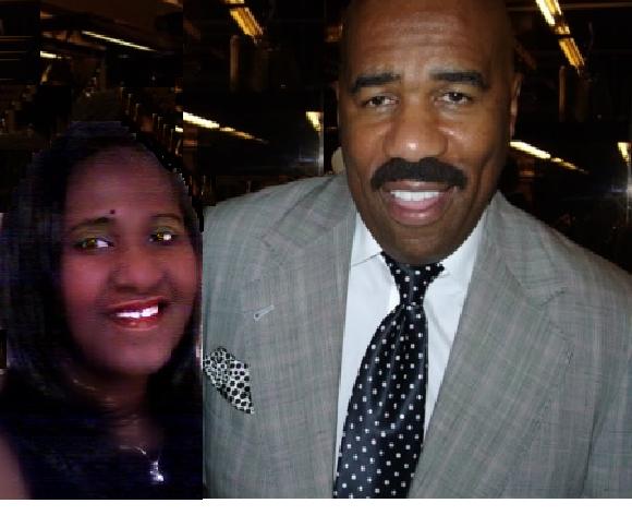 Film Producer Ton'e Brown with Steve Harvey during a taping of Family Feud game show.