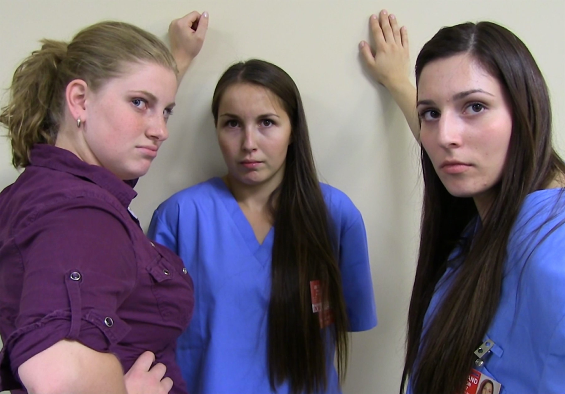 Michelle (Stephanie Klassen) and Shannon (Brianna Popowczak) bully Kayla (Jacqueline Peter)