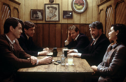 (Left to right) Desmond (PIERCE BROSNAN), Michael (STEPHEN REA), Nick (AIDAN QUINN), Tom (ALAN BATES), and Bernadette (JULIANNA MARGULIES) make plans to take on the Irish Supreme Court to reunite Desmond with his children.