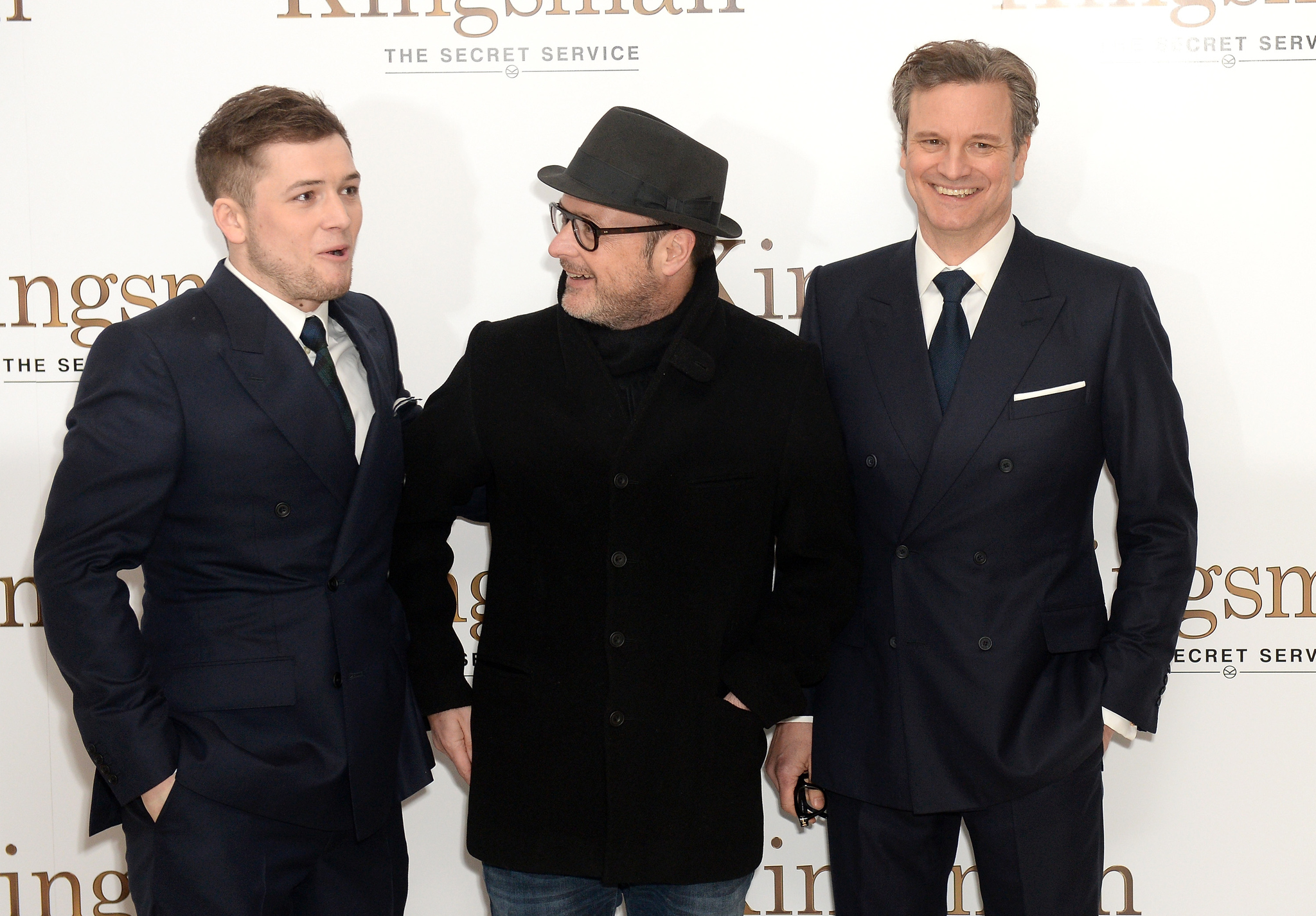 Colin Firth, Matthew Vaughn and Taron Egerton at event of Kingsman. Slaptoji tarnyba (2014)