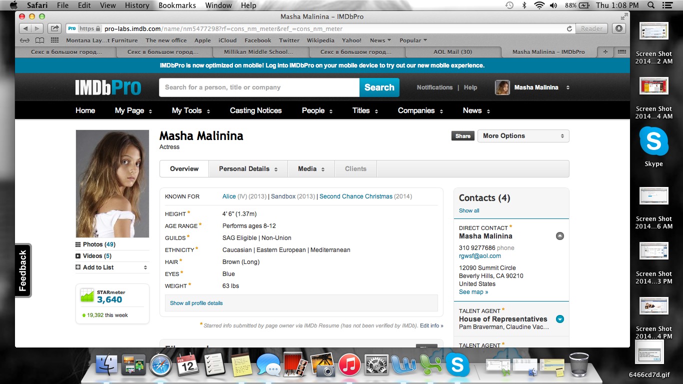 Masha Malinina is number 3,640 on IMDB Starmeter