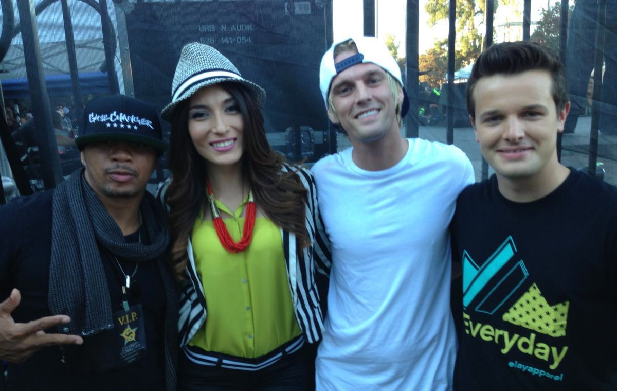 Host Mark Sipka with Aaron Carter, Shane Sparks, and co-host Estefania Rebellon after Spark It Up Live.