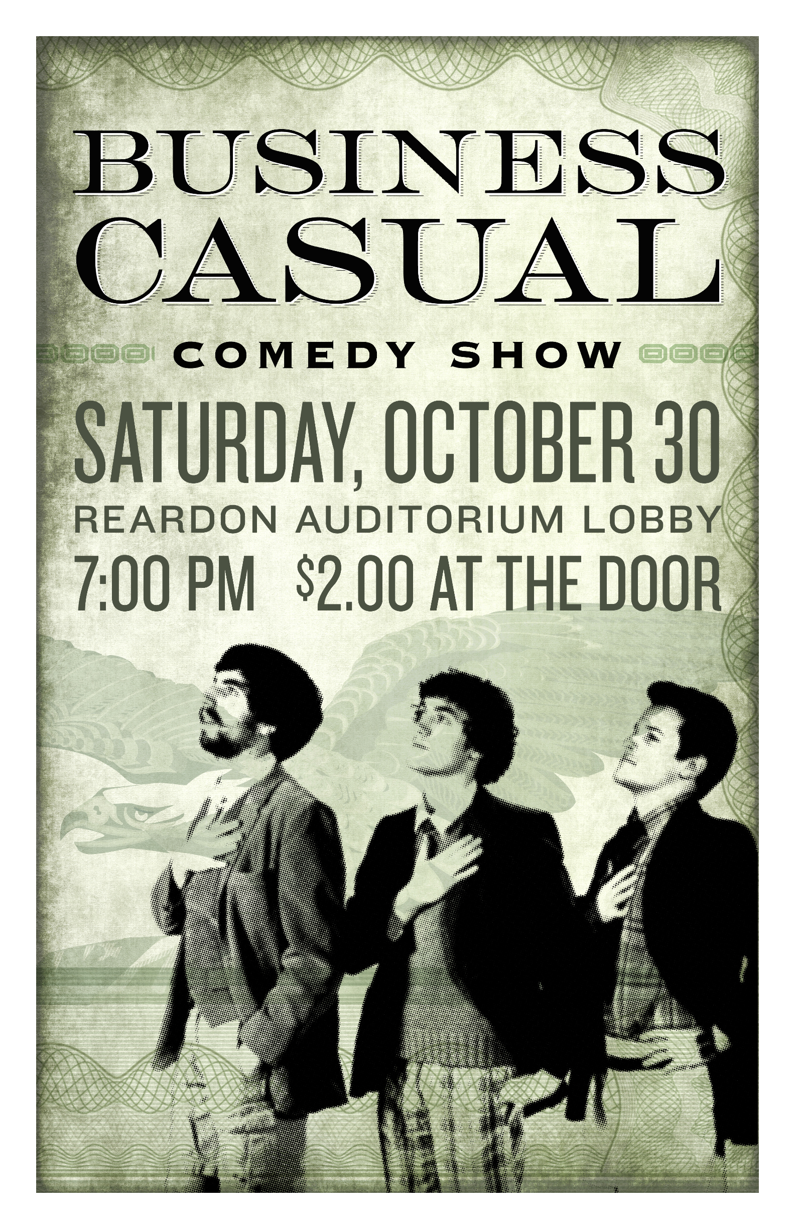 Sipka in a show poster for the sketch group, Business Casual.