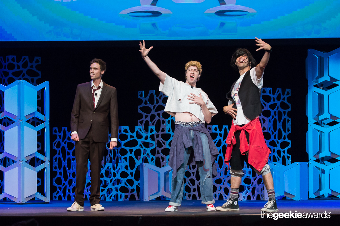 Andrew Bowen as Ted Theodore Logan! with Alex Holmes and Mark Elias in the 2015 Geekie Awards.