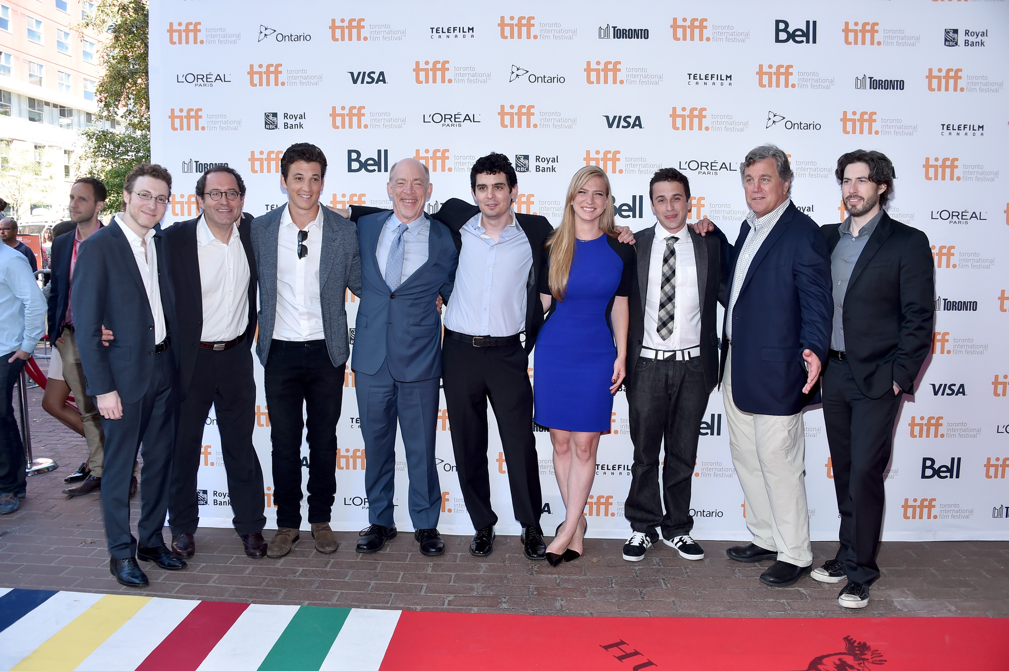 Jason Reitman, J.K. Simmons, Nicholas Britell, Michael Barker, Miles Teller, Tom Bernard, Helen Estabrook, Justin Hurwitz and Damien Chazelle at event of Atkirtis (2014)