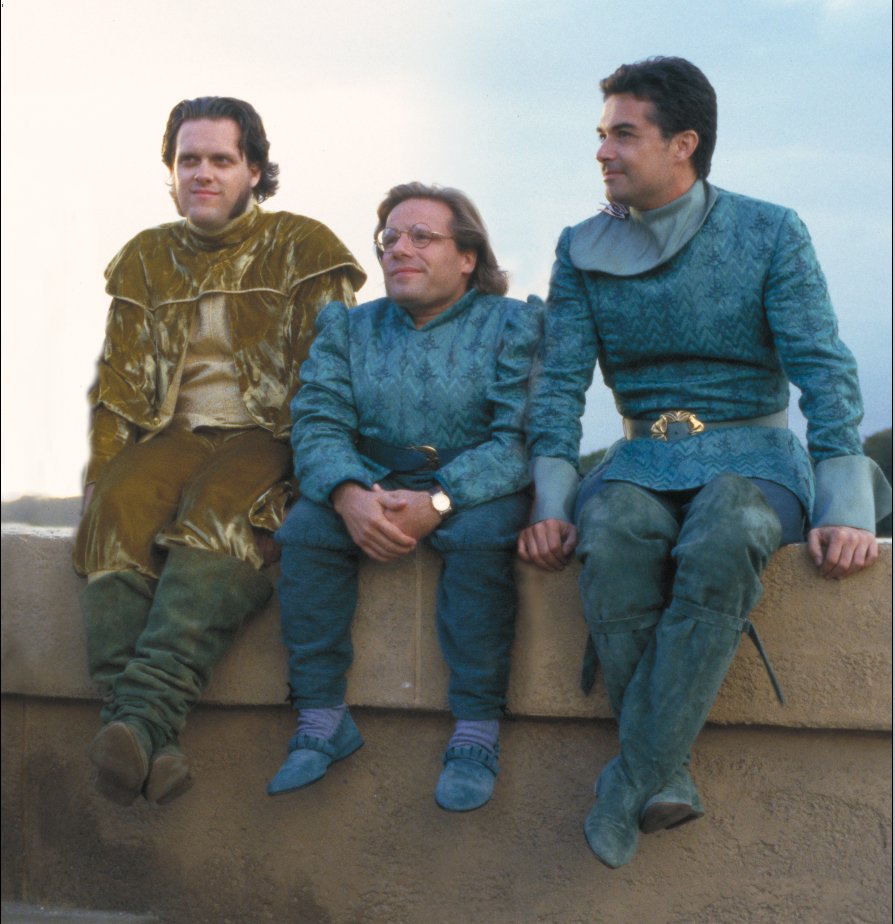 Patrice Girod (Naboo citizen), alongside Jon Bradley Snyder and Dan Madsen (the Kaadu Handler) as extras on the set of Star Wars : Episode I The Phantom Menace directed by George Lucas, in Leavesden Studios (UK) in august 1997.