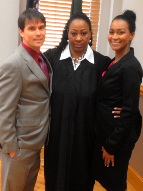 On the set of  Advocate & Solicitor, a hour television drama with myself as Judge Carolyn Stokes and pictured with Dana Perine as Defendant Attorney Alexandra and Ronnie Kantorik as the Prosecuting Attorney.
