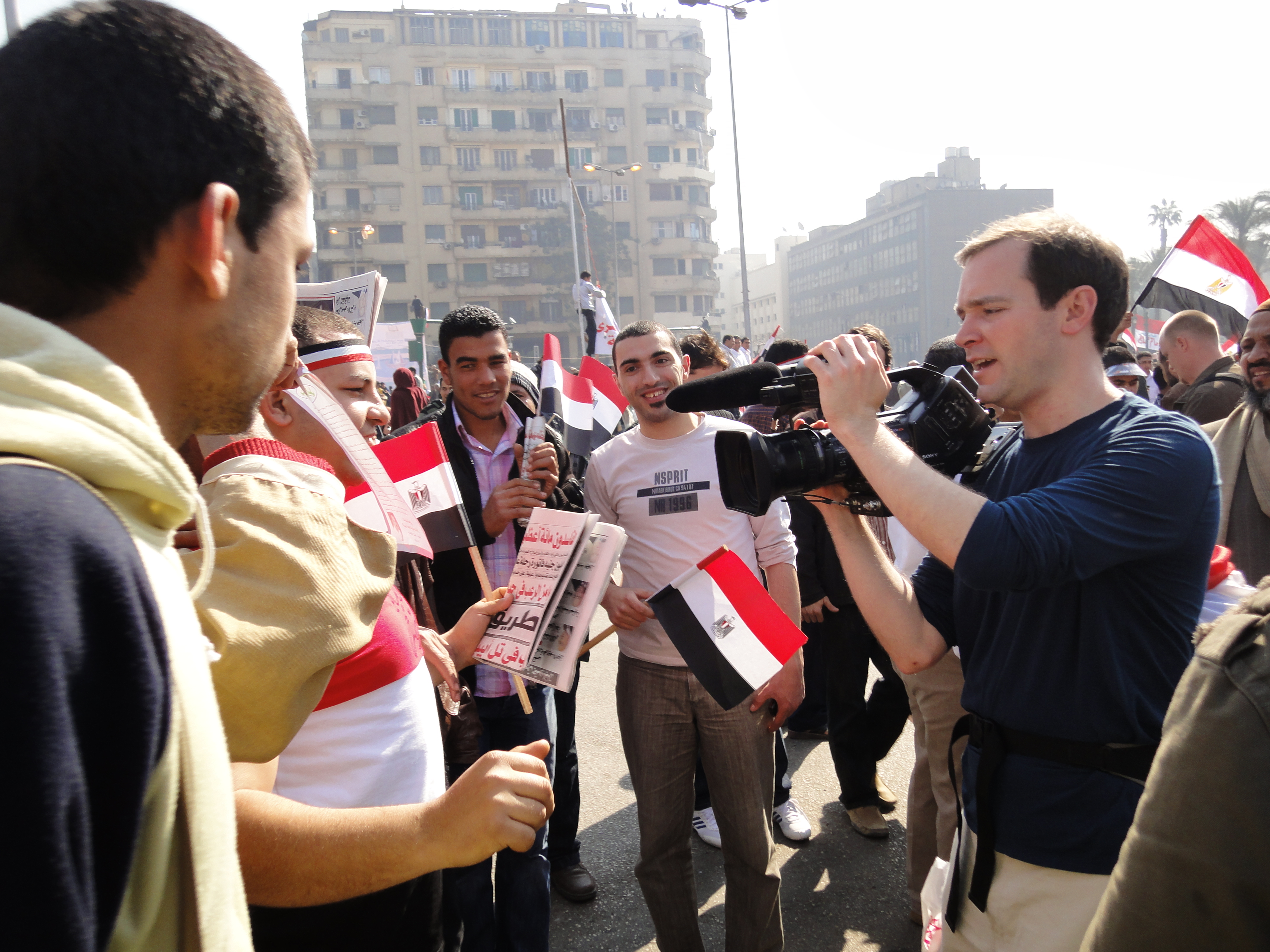 Director/Cinematographer Matthew O'Neill filming in Tahrir Square, Egypt. February 2011