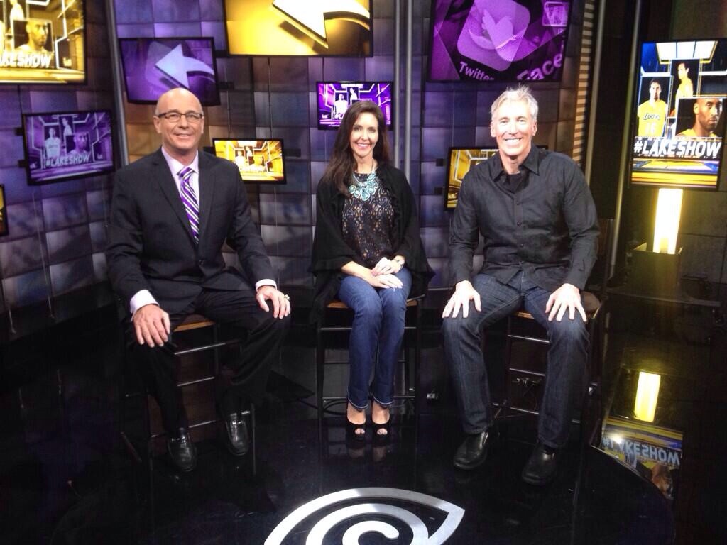 Coach Dave Miller, Wendy Galle and Actor Fred Galle on the Lakers Pre-game show