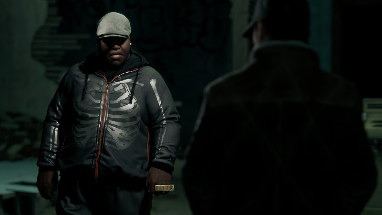 Bed Bug (R. Charles Wilkerson) meets up with Aiden Pearce (Noam Jenkins) in the video game, Watch Dogs.