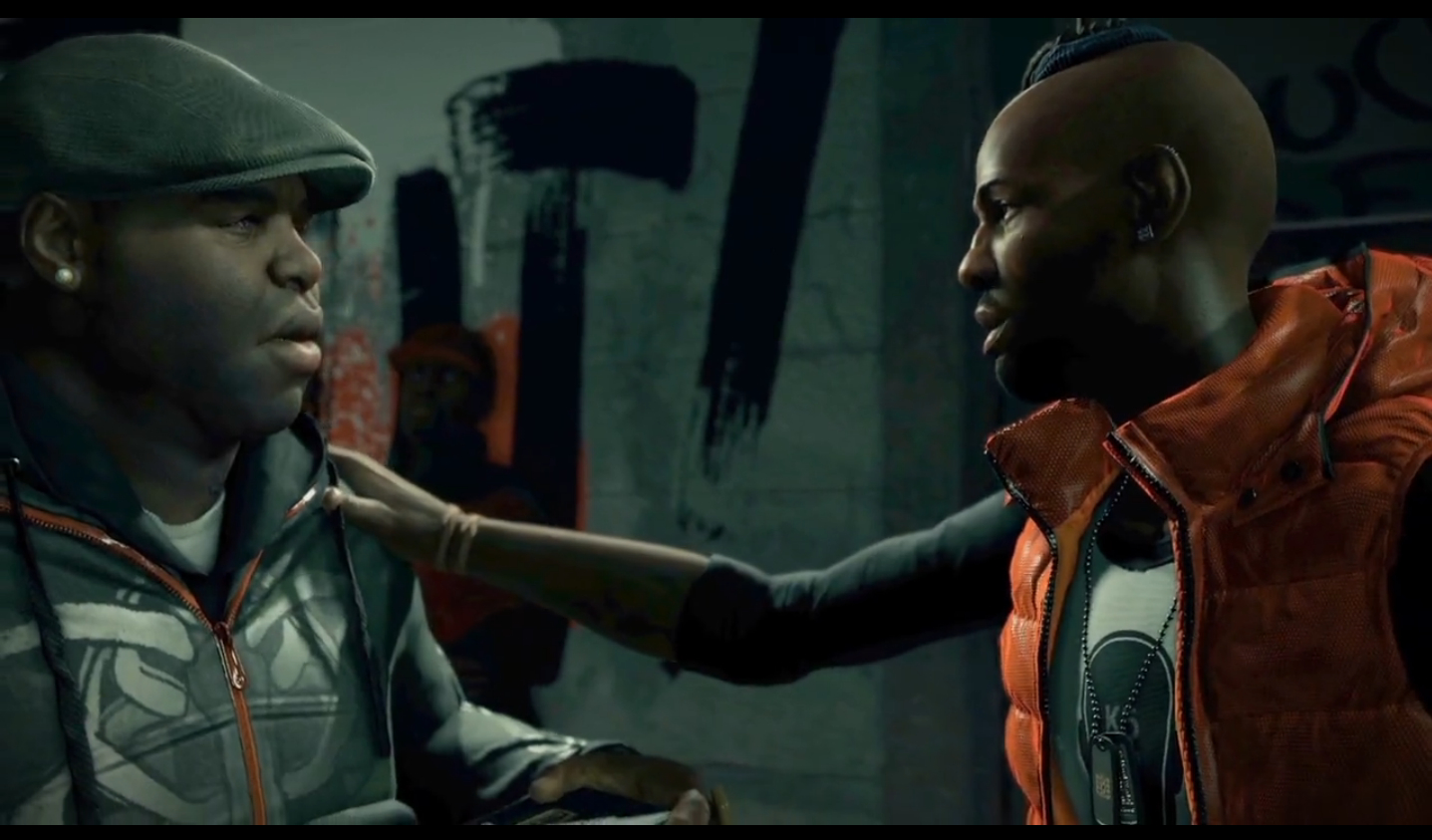 Bed Bug (R. Charles Wilkerson) gets the run down from his older cousin Iraq (Jerod Haynes) in the Ubisoft Video Game, Watch_Dogs