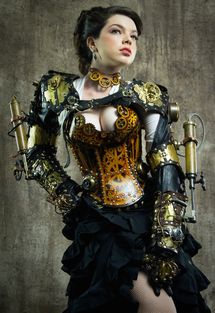 Mechanical arms and leather corset, bra, and choker by Thomas Willeford. Model: Sarah Hunter
