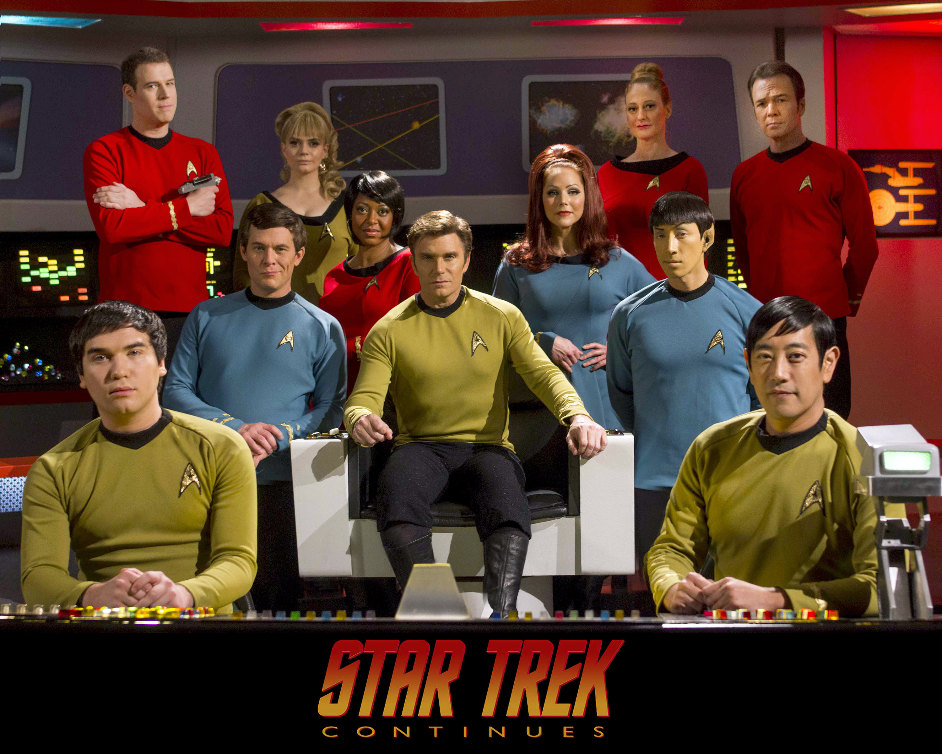 Wyatt Lenhart (Chekov), Grant Imahara (Sulu), Chuck Huber (McCoy), Vic Mignogna (Kirk), Todd Haberkorn (Spock), Kim Stinger (Uhura), Michele Specht (McKennah), Steven Dengler (Drake), Kipleigh Brown (Smith), Cat Roberts (Palmer), Chris Doohan (Scotty)